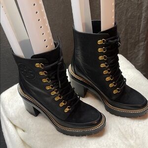 Tory Burch Black Lace-Up Boots with Gold Details